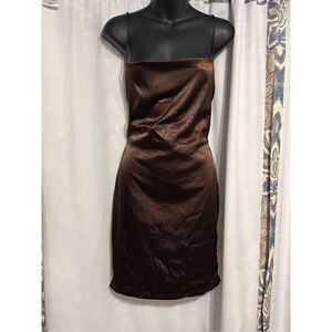 Beautiful Salty SIZE LARGE Satin brown Cinch Mini Dress  Cowl neck, adjustable c